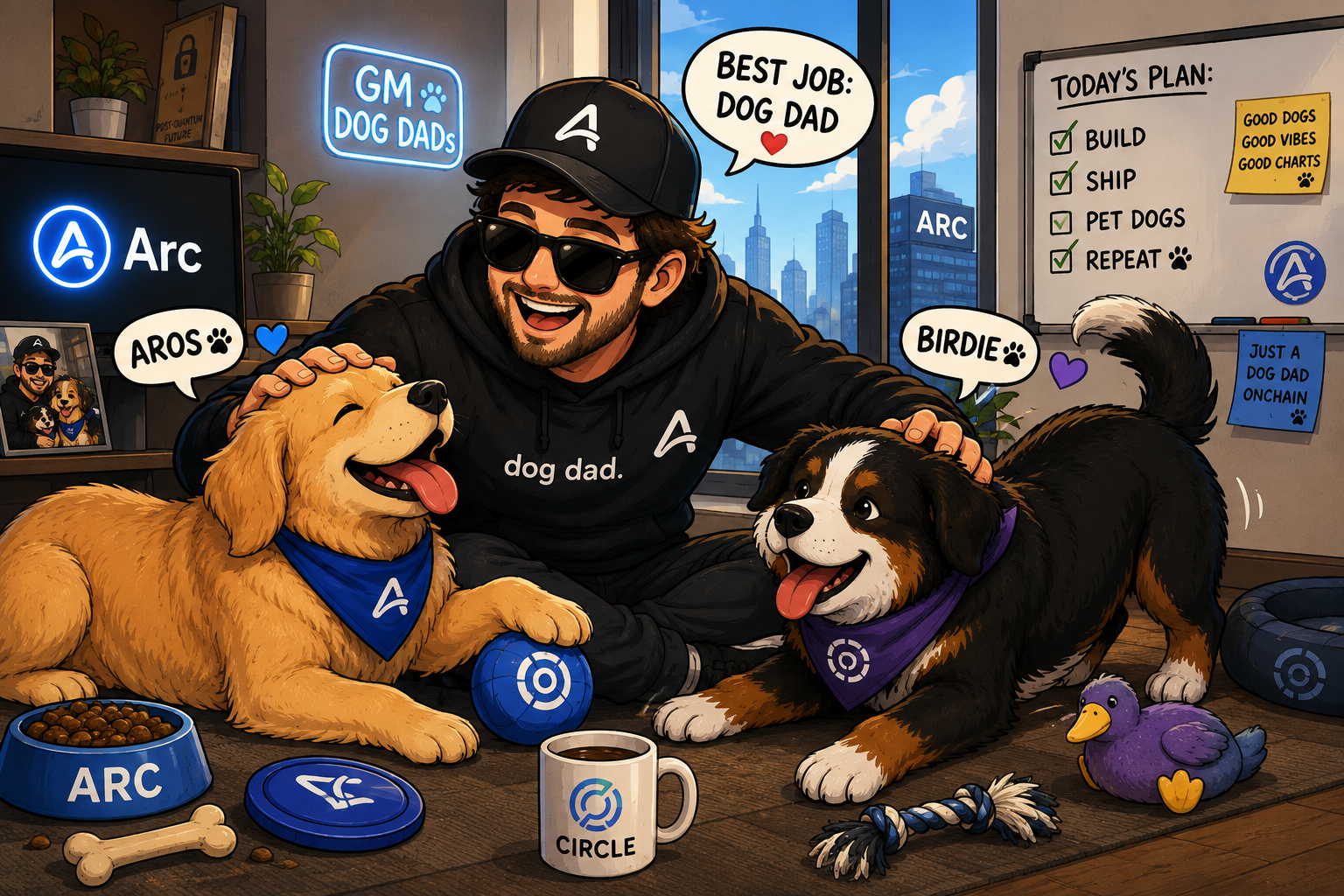 The DogDad meme artwork with Aros and Birdie in the office